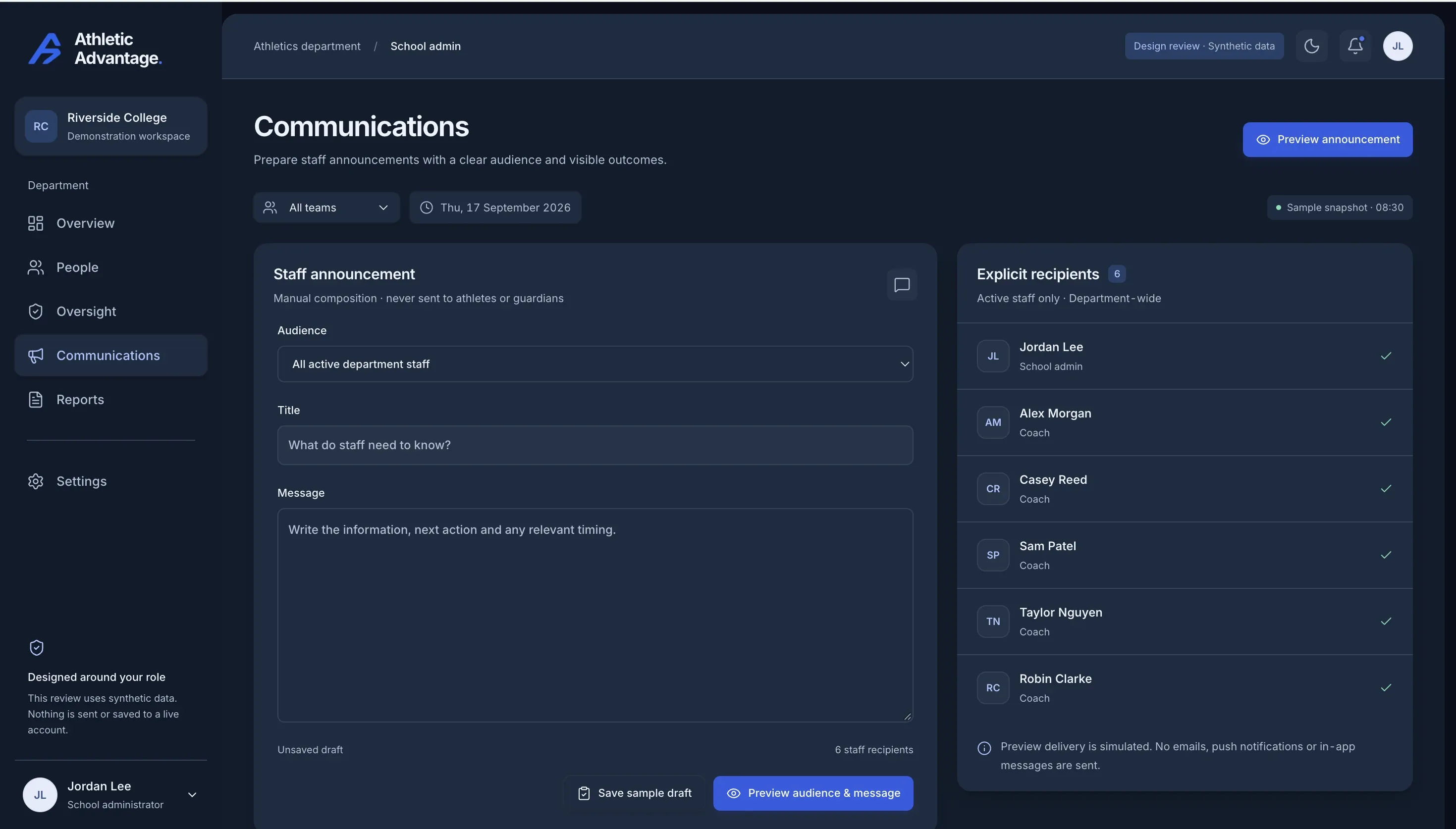 Communications: a staff announcement with its audience, title and message, and the explicit list of recipients