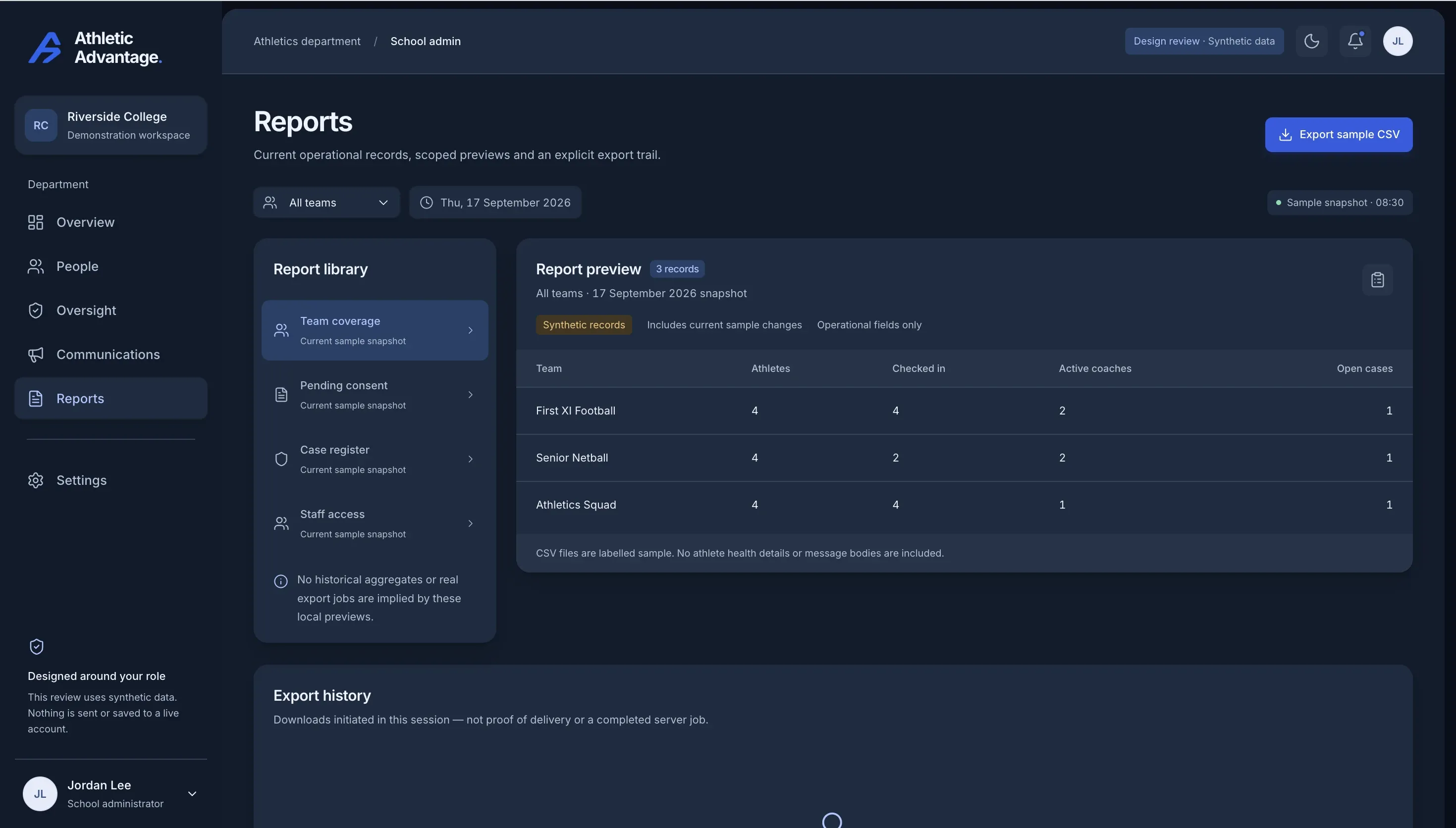 Reports: a library of team coverage, pending consent, case register and staff access reports, with a preview of team coverage