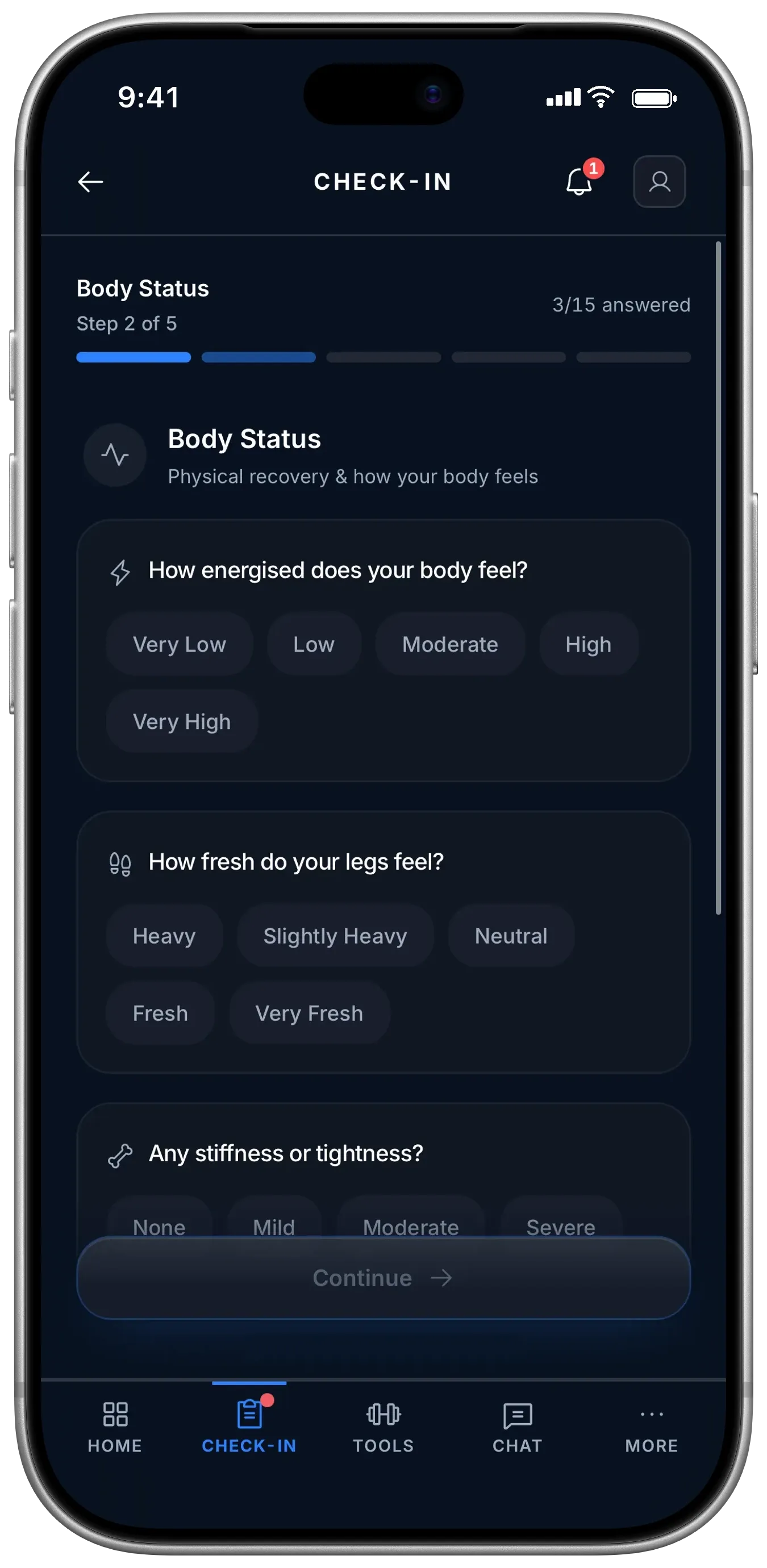 Check-in step 2 of 5, Body Status: how energised your body feels and how fresh your legs are