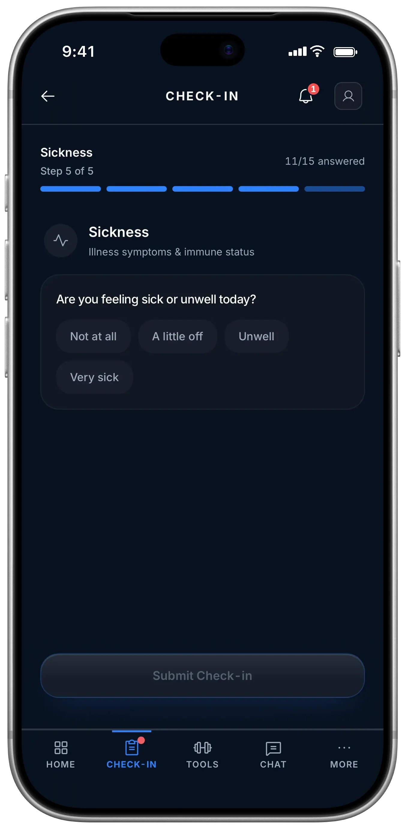 Check-in step 5 of 5, Sickness: are you feeling sick or unwell today