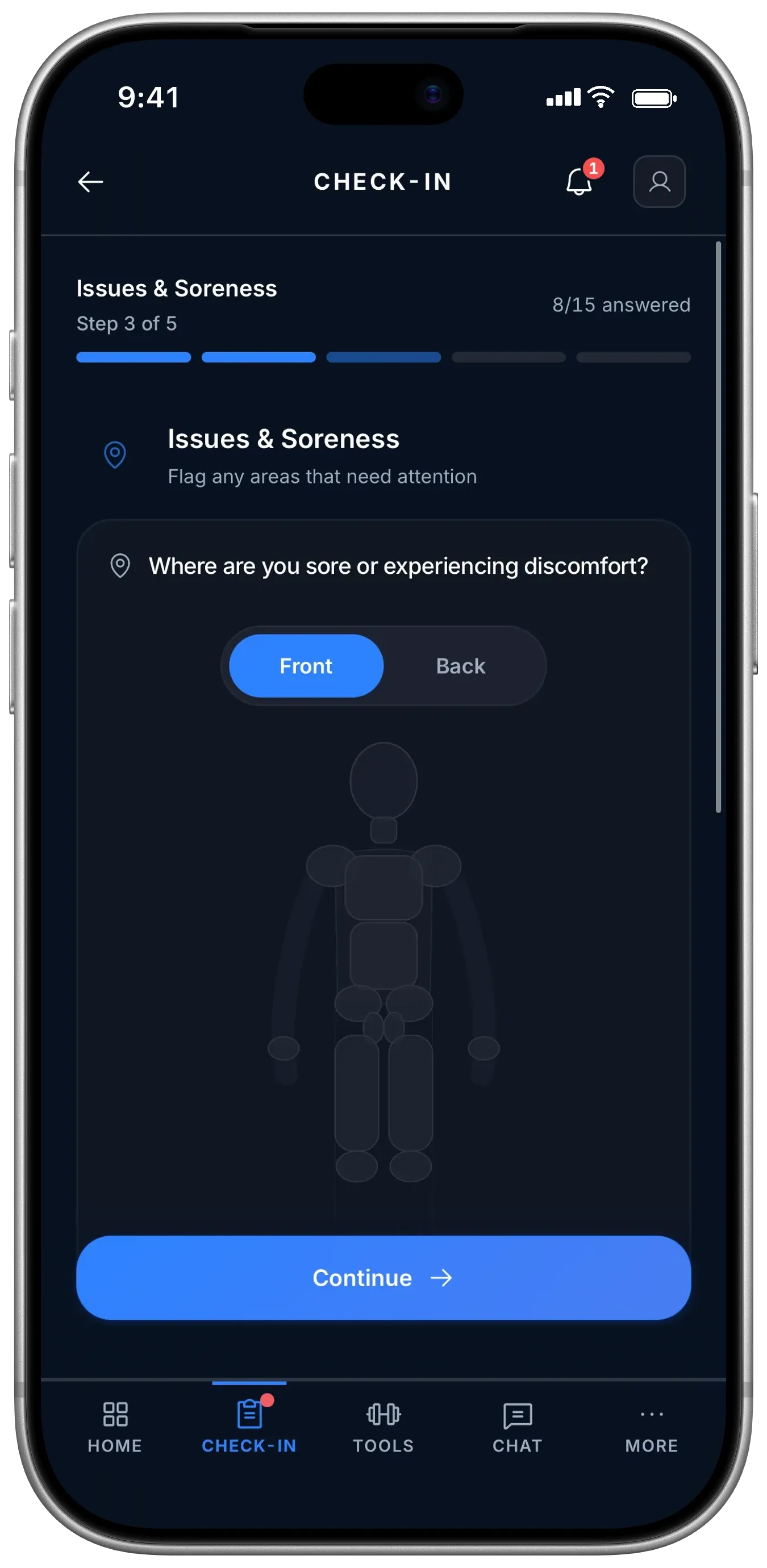 Check-in step 3 of 5, Issues and Soreness: a body map to tap where you are sore