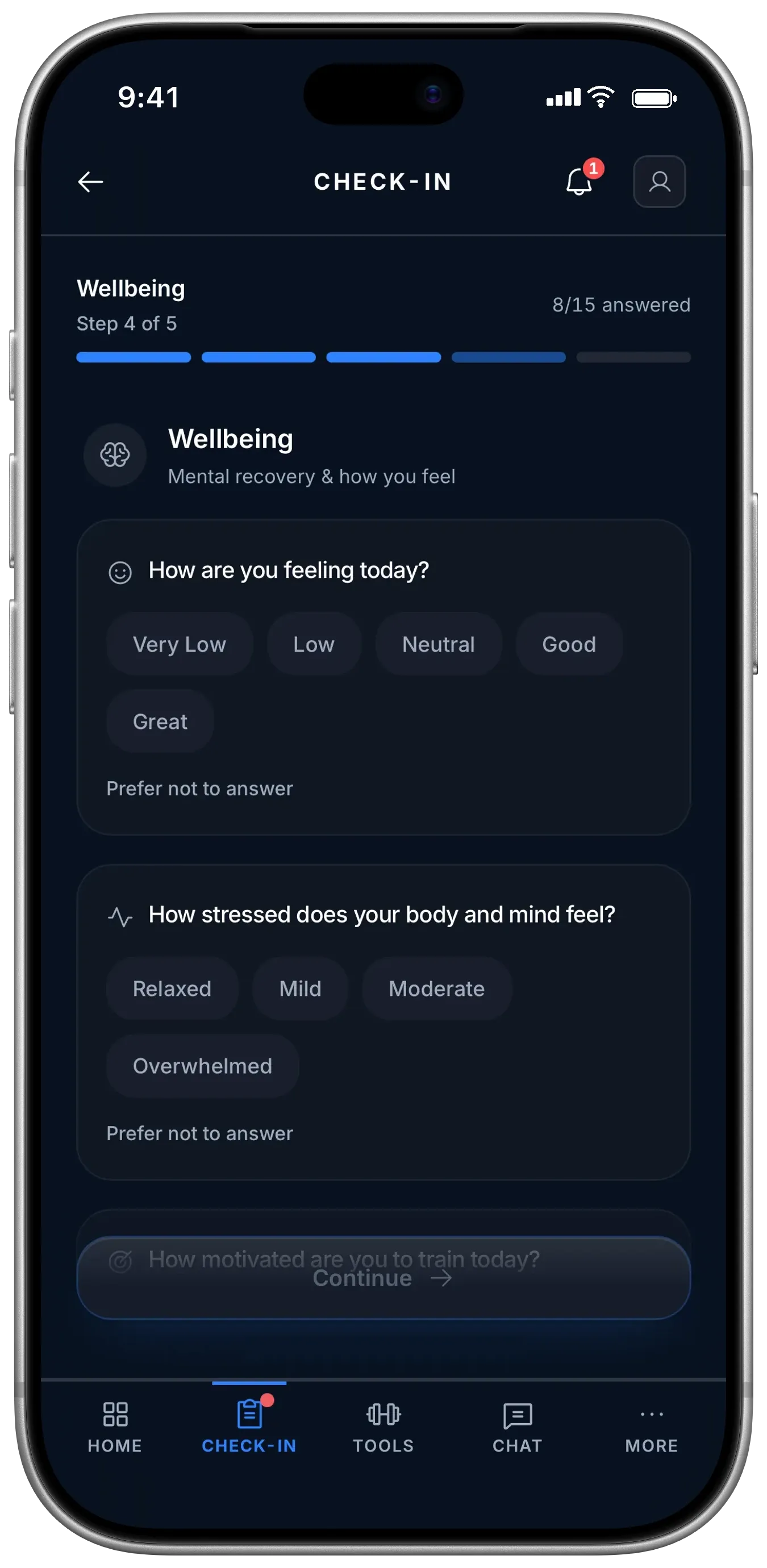 Check-in step 4 of 5, Wellbeing: how you are feeling and how stressed your body and mind feel