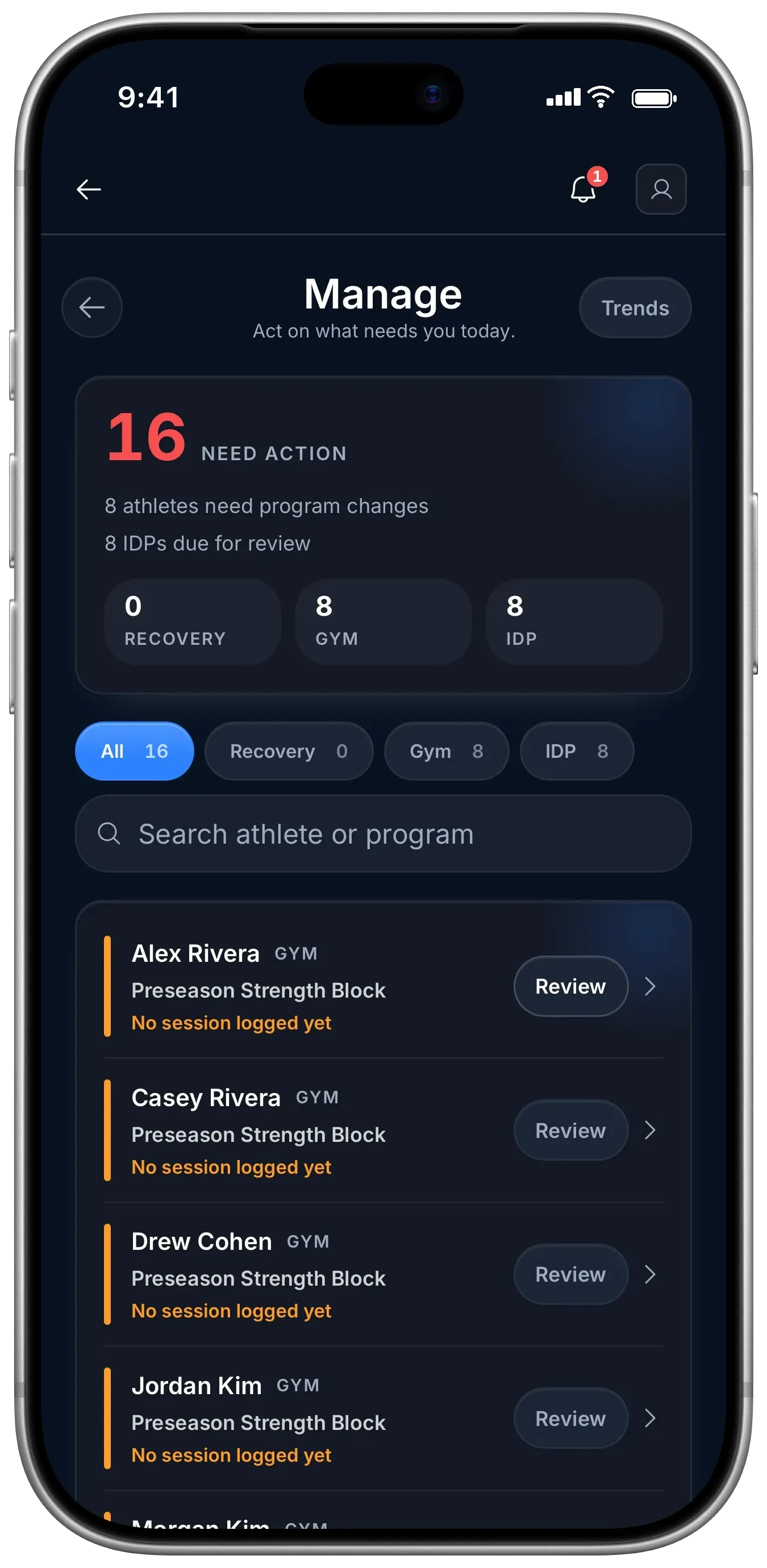 Coach: Manage, 16 items needing action across recovery, gym and development