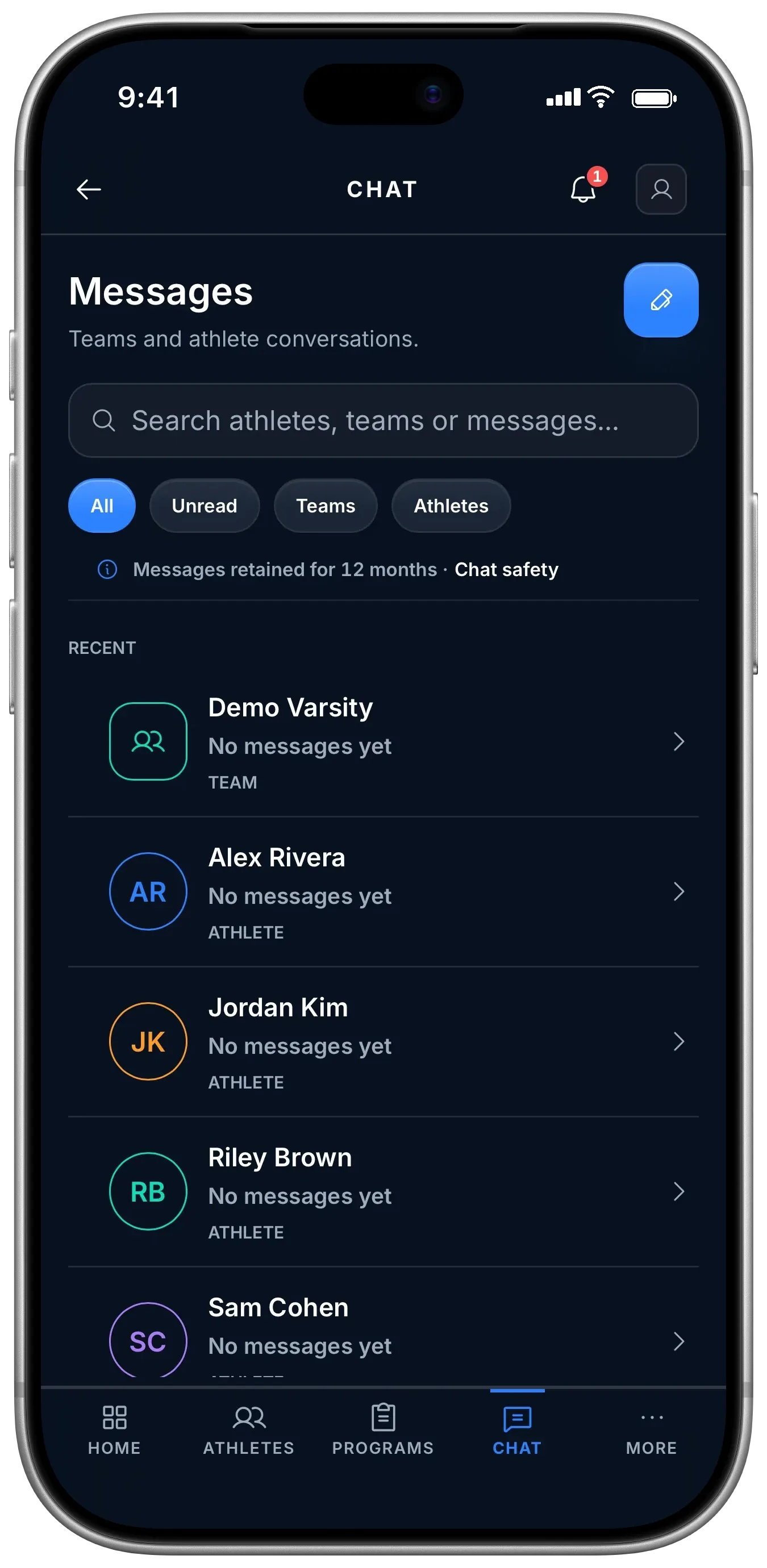Coach: Messages, with team and athlete conversations and a note that messages are retained for 12 months