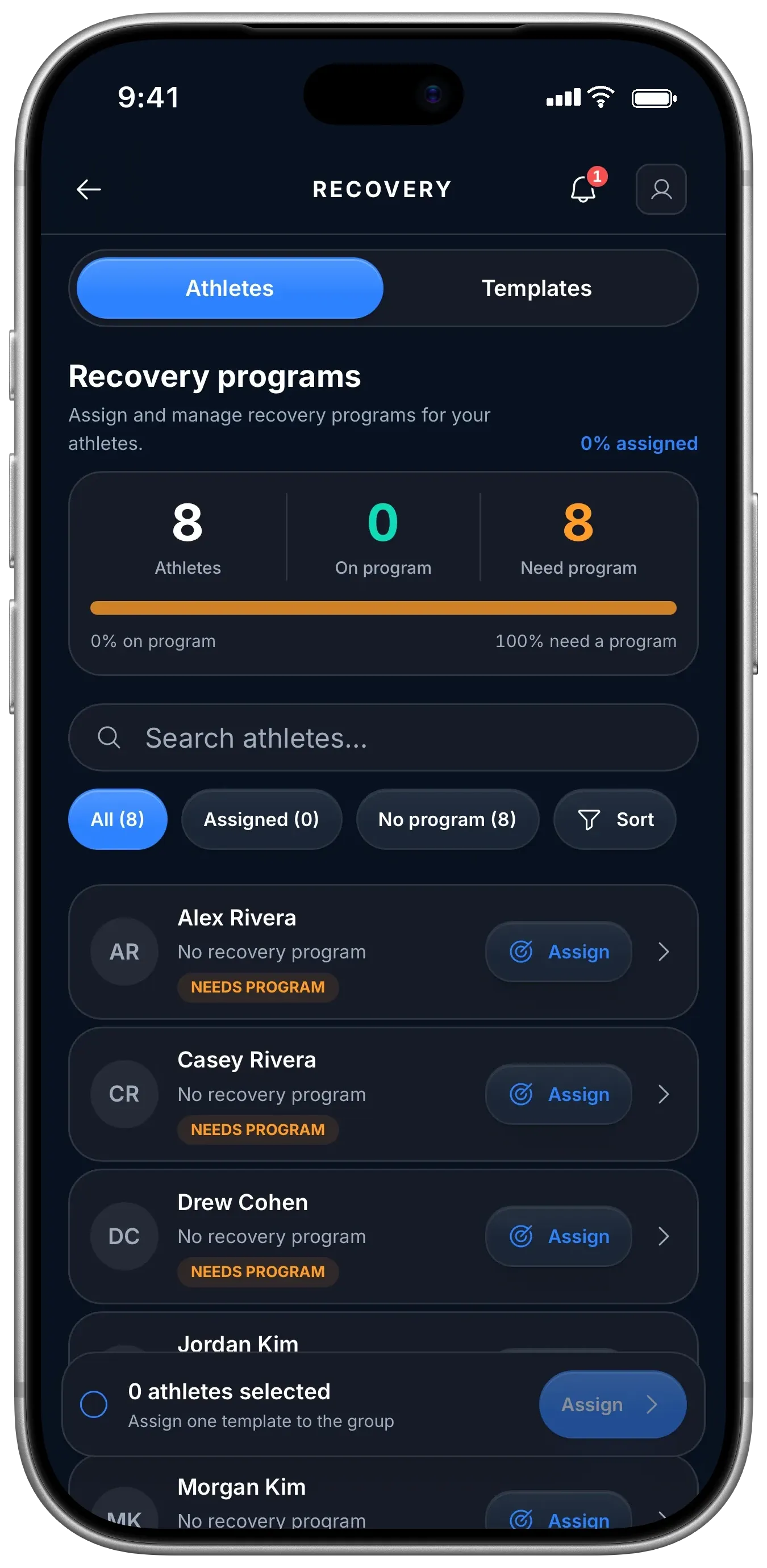 Coach: recovery programs, athletes needing a program with an Assign action