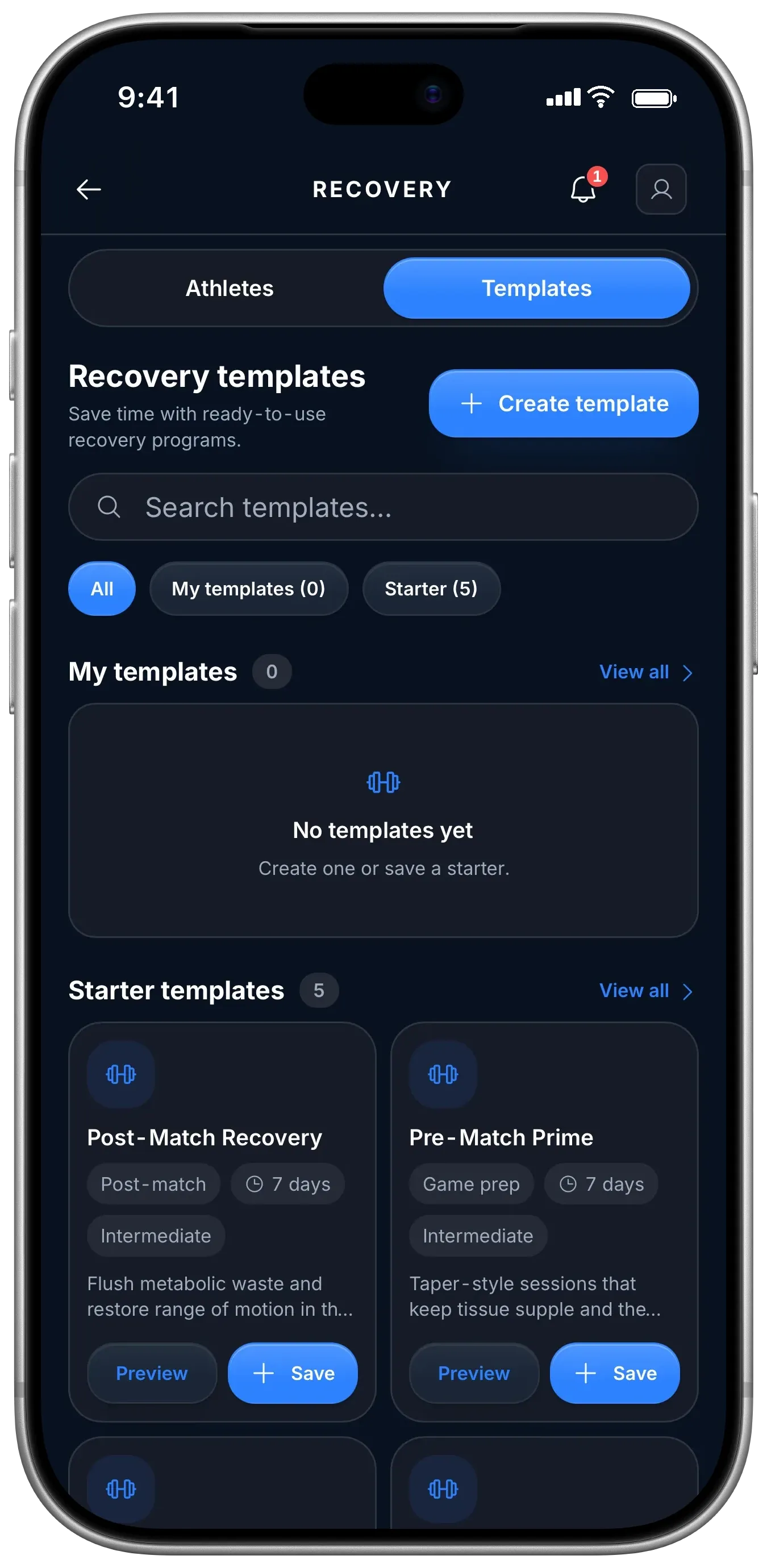 Coach: recovery templates including starter templates for post-match recovery and pre-match prime