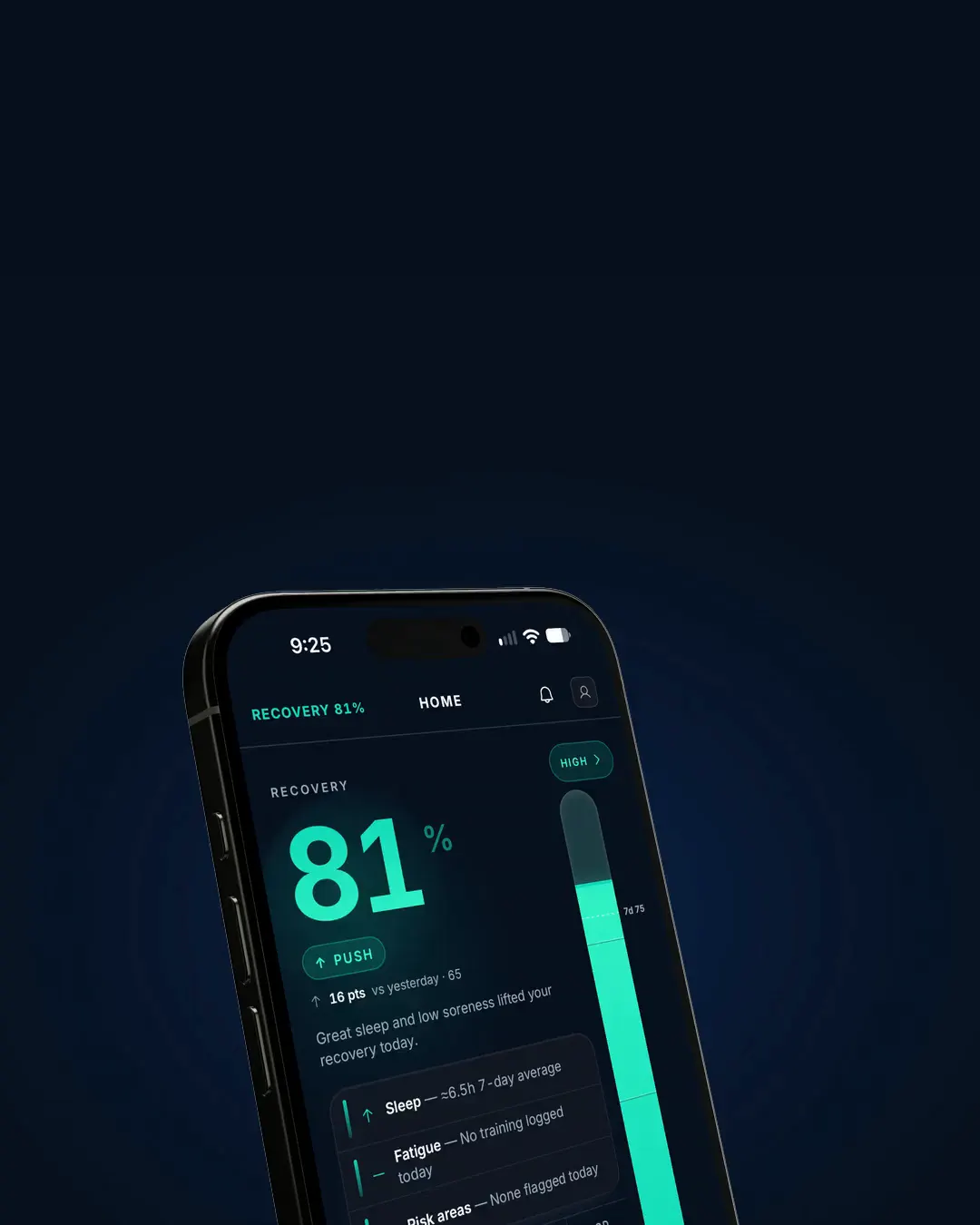 A phone showing the Athletic Advantage athlete home screen: recovery 81 percent, push, with sleep, body, stress and mood scores and today's reasons
