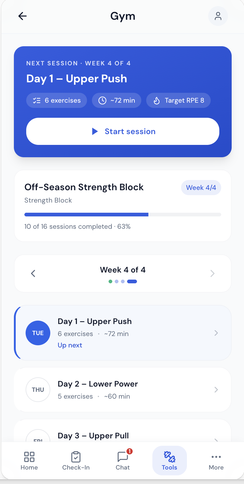 athlete gym session — real app screen
