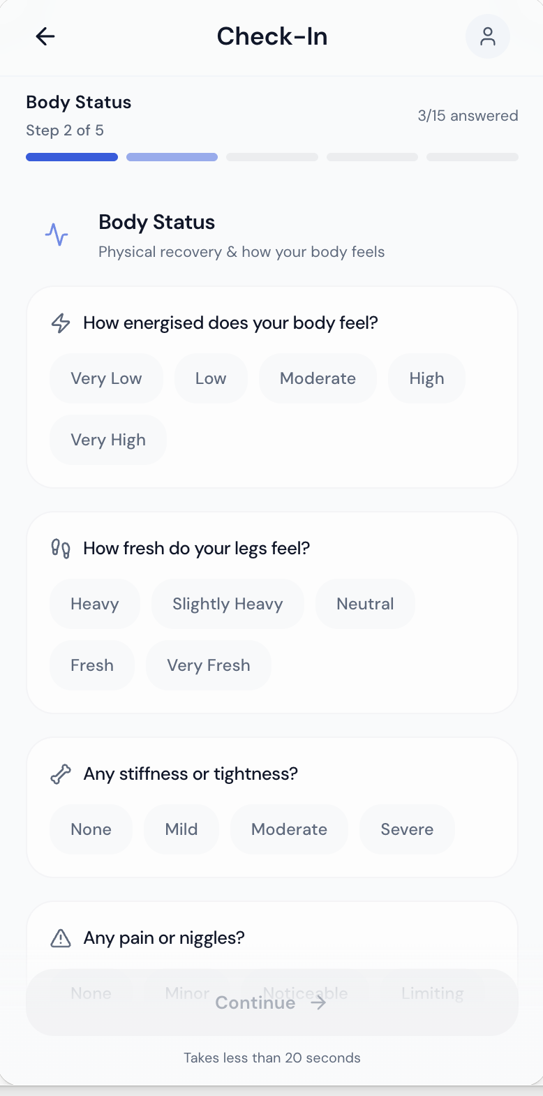 Wellness check-in step — real app screen