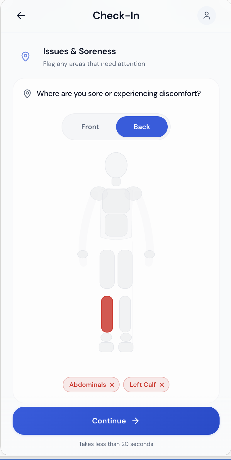 Athlete check-in, energy step — real app screen