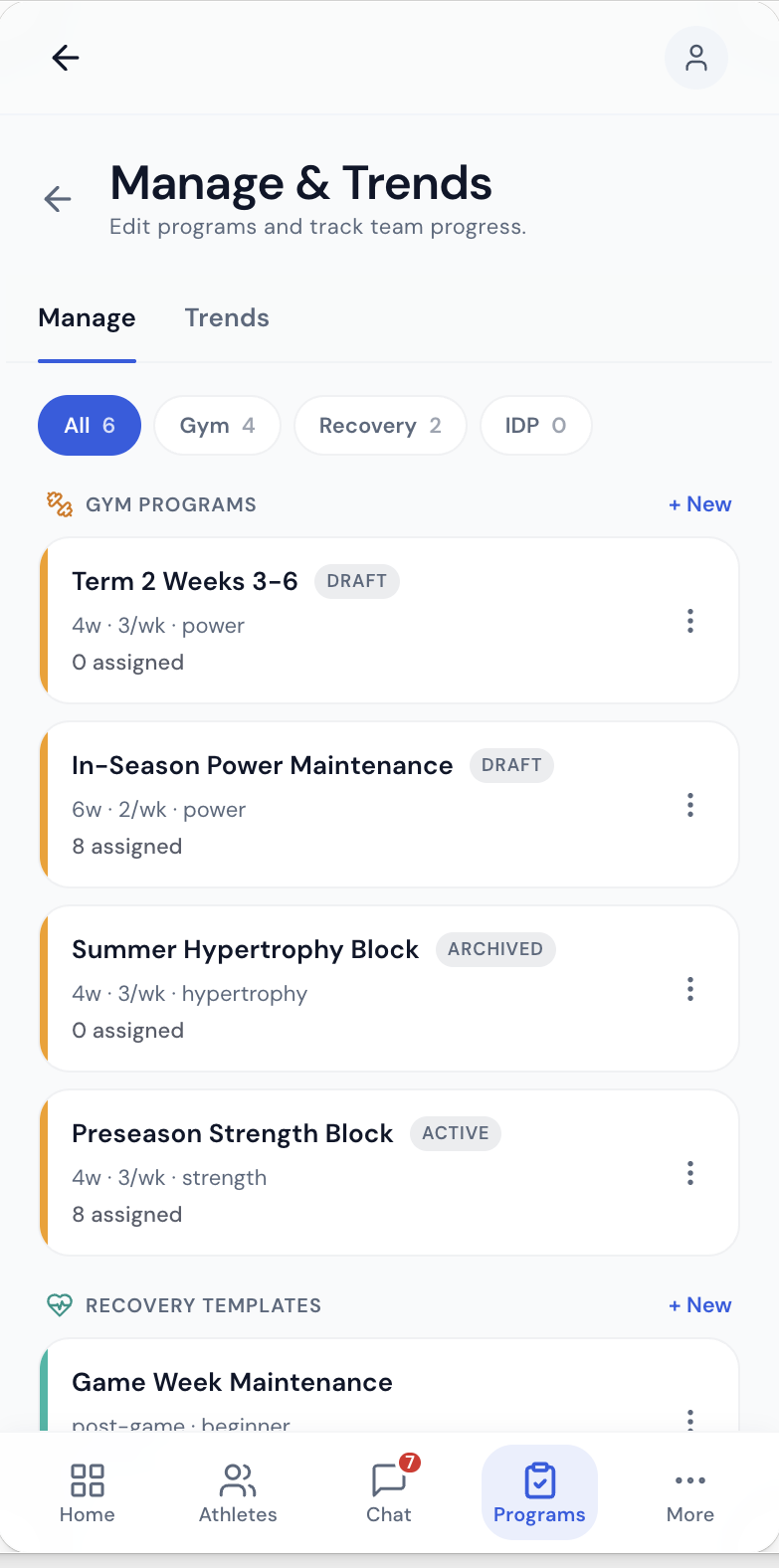 coach assigns a recovery program — real app screen