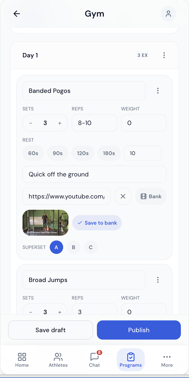 gym program exercise entry — real app screen
