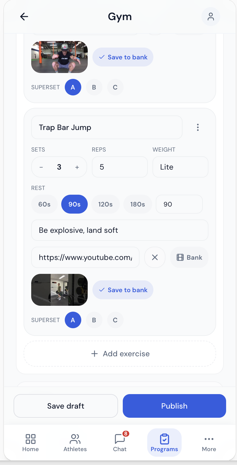 gym program exercise entry — real app screen