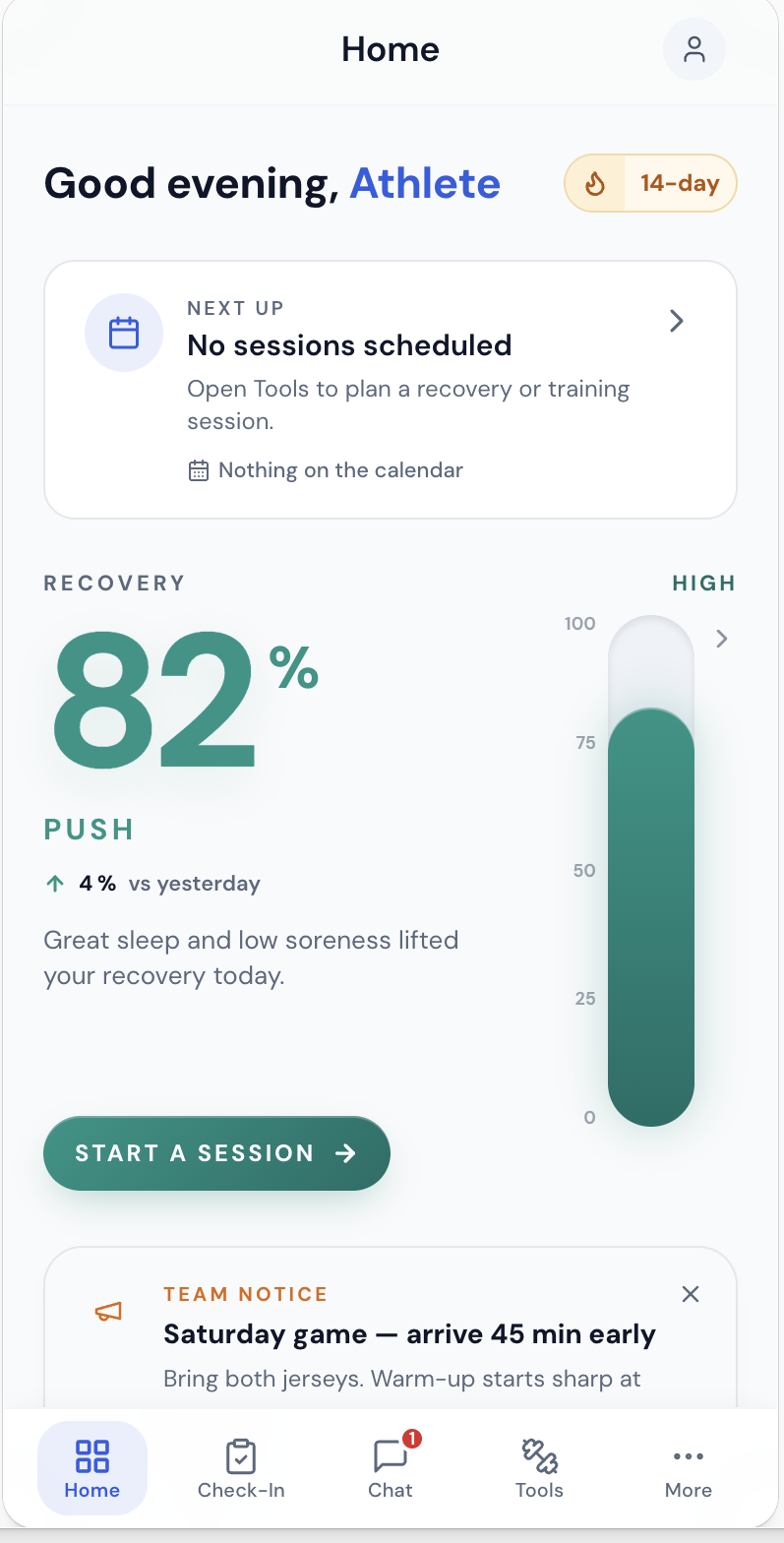 Athlete home screen showing today's Recovery Score and check-in status — real app screen