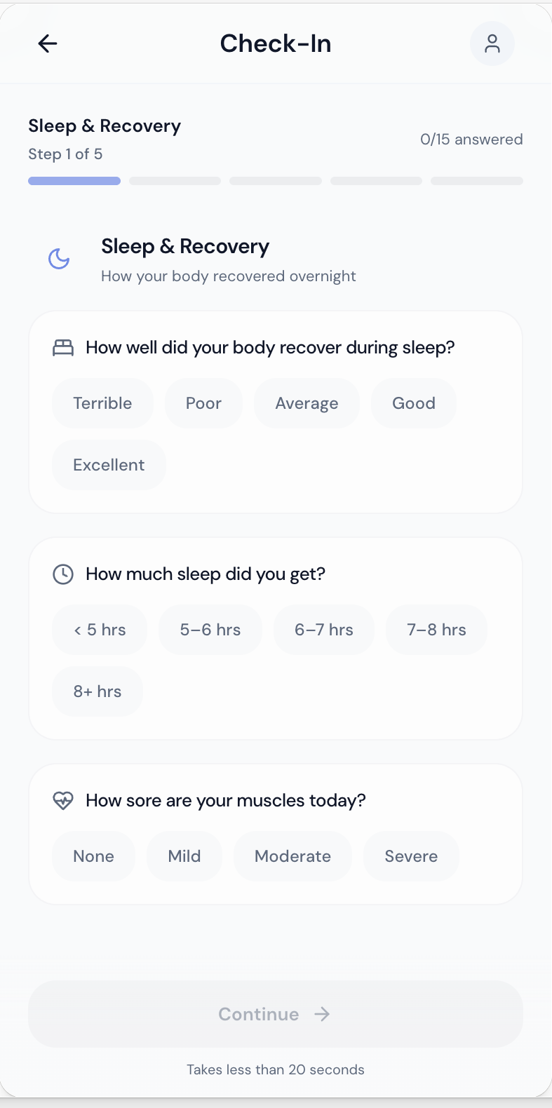 Daily wellness check-in screen — real app screen